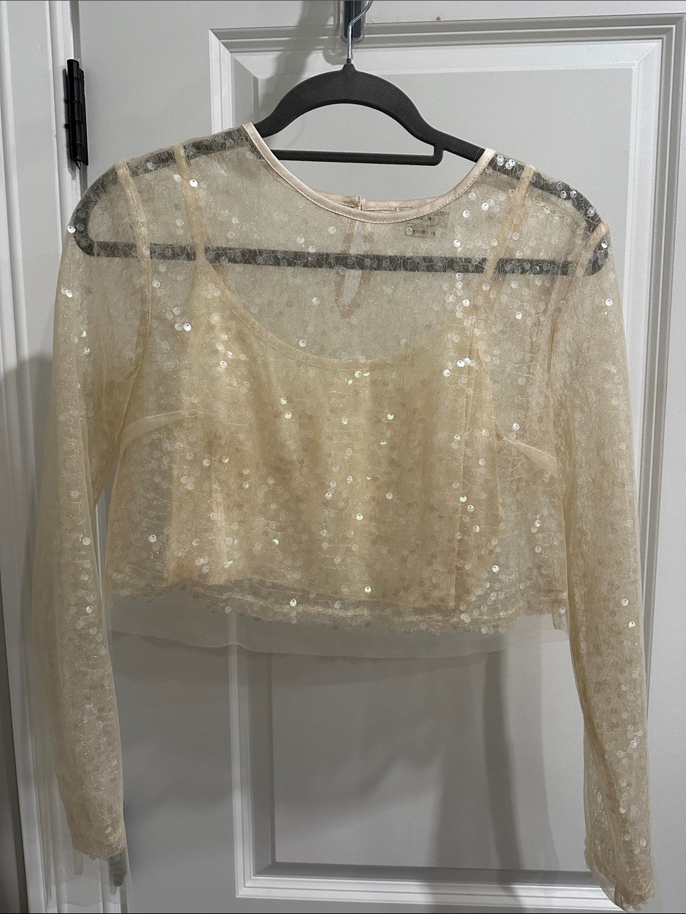 Jason Wu Sheer Sequin Long-Sleeve Crop Top - Cream